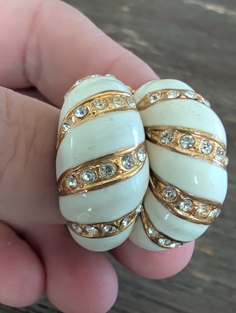 Vintage FEI Stamped White Enamel & Gold-Tone Crystal Clip-On Earrings